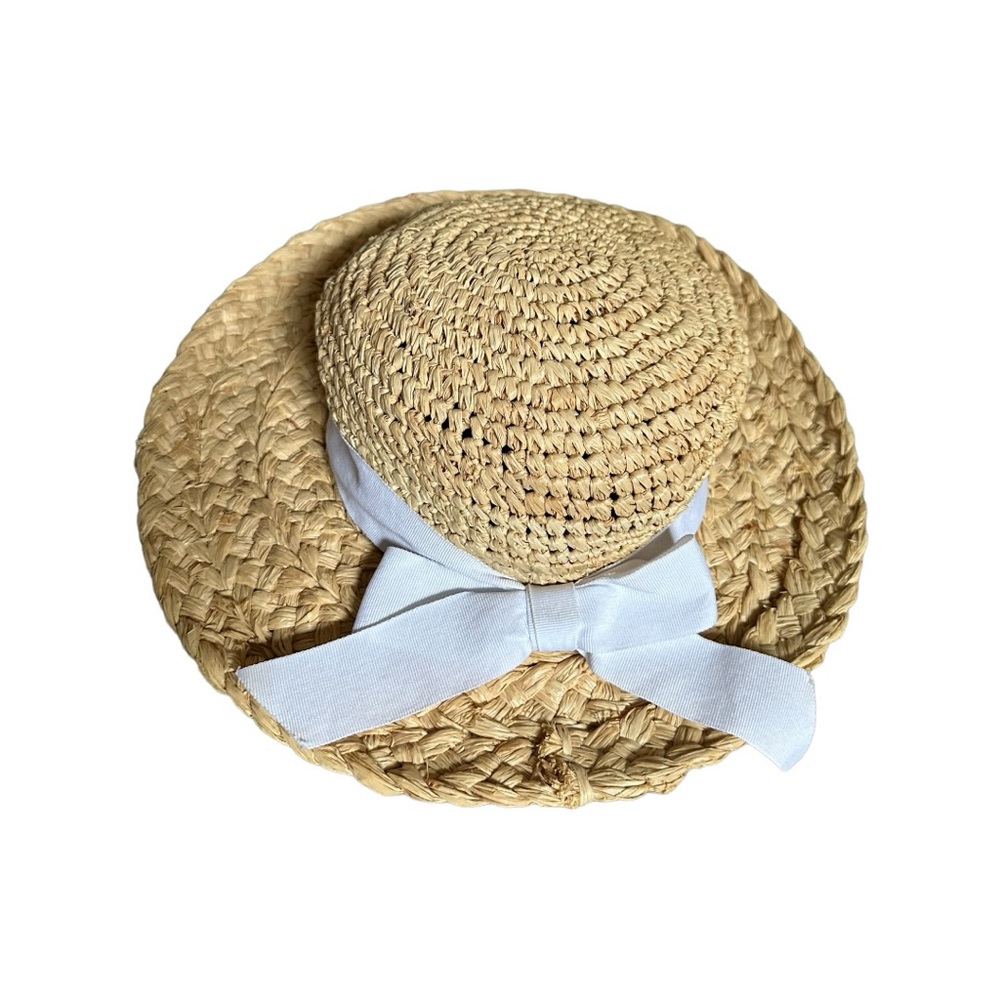 Vintage 90s Thick Chunky Straw Sun Hat with White Bow Signature Studios